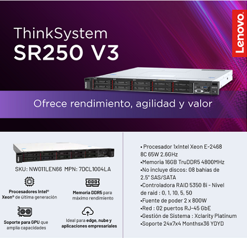 Servidor Lenovo ThinkSystem SR250 V3 Xeon E-2468 2.6/5.2GHz - 7DCL1004LA - Imagen 2